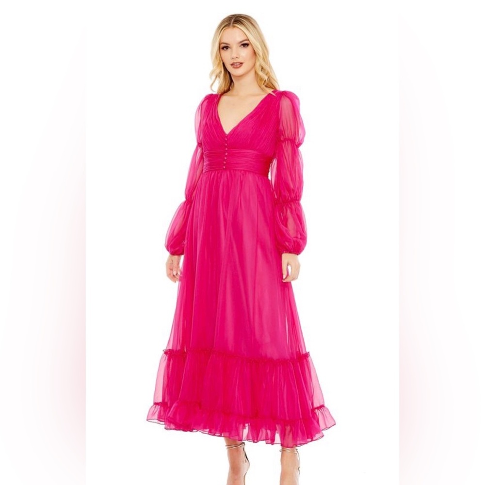 New Pink V-Neck Long Sleeve Maxi Dress